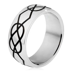 Inel lucios din oțel, caneluri negre groase sub formă de lacrimi și romburi - Marime inel: 56 imagine