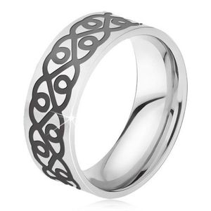 Inel din oțel - bandă argintie, model cu inimi negre groase - Marime inel: 52 imagine