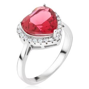 Inel argint - ştras mare, roşu, în formă de inimă, contur din zirconiu - Marime inel: 48 imagine