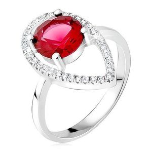 Inel argint - ştras rotund, roşu, contur în formă de lacrimă, încrustat cu zirconiu - Marime inel: 50 imagine