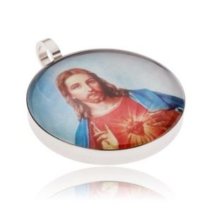Medalion rotund din oţel, Isus în haină roşu cu albastru imagine