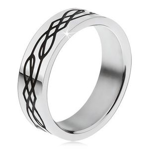 Inel din oțel, suprafață plată, linie neagră ondulată și romburi - Marime inel: 51 imagine