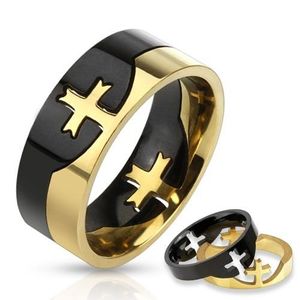 Inel negru și auriu din oțel inoxidabil cu o cruce - Marime inel: 58 imagine