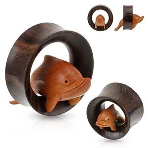 Tunel pentru ureche din lemn maro, delfin sărind printr-un cerc - Lățime: 19 mm imagine