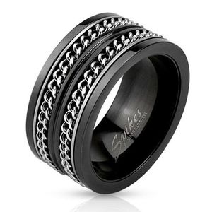 Inel tip bandă din oţel negru, două lanţuri argintii - Marime inel: 59 imagine