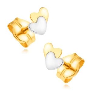 Cercei din aur 585 - combinație de galben cu alb, inimi suprapuse imagine