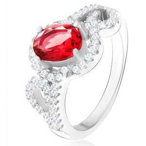 Inel cu zirconiu oval, roşu, contururi de jumătăţi de inimă, argint 925 - Marime inel: 50 imagine
