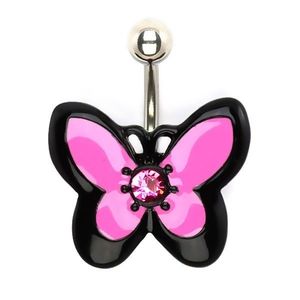 Piercing pentru buric realizat din oțel, fluture roz și negru cu zirconiu imagine