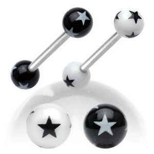Piercing pentru limbă din oţel, bile din acrilic alb cu negru, cu steluţe - Culoare Piercing: Alb-Negru imagine