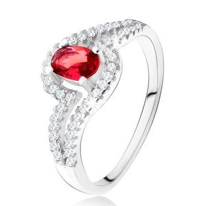 Inel cu un ştras oval, roşu, braţe curbate din zirconiu, argint 925 - Marime inel: 49 imagine