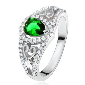 Inel argint 925, ştras verde în formă de lacrimă, zirconiu transparent, contururi de inimă - Marime inel: 50 imagine