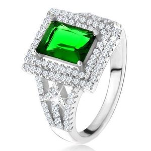 Inel cu un zirconiu dreptunghiular, verde, contur dublu, săgeţi, argint 925 - Marime inel: 49 imagine