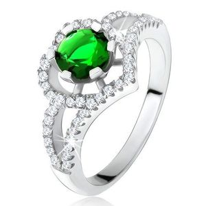 Inel cu braţe bifurcate, zirconiu verde, contur de inimă, argint 925 - Marime inel: 50 imagine