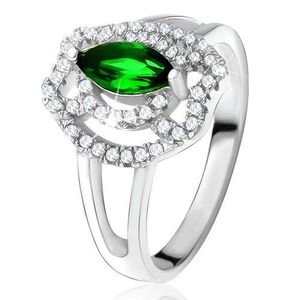 Inel cu ştras verde în formă de bob, linii curbate din zirconiu, argint 925 - Marime inel: 49 imagine