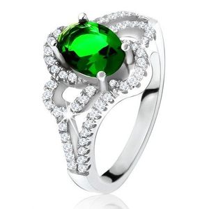 Inel argint, zirconiu oval, verde, înclinat, linii rotunjite, ştrasuri transparente - Marime inel: 50 imagine