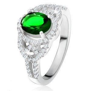 Inel - zirconiu oval, verde, contur, linii rotunjite, ştrasuri transparente, argint 925 - Marime inel: 49 imagine
