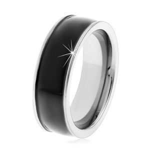 Inel neted din tungsten negru, uşor convex, suprafaţă lucioasă, margini argintii - Marime inel: 49 imagine