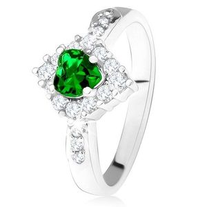 Inel cu inimă din zirconiu verde, romb din ştrasuri transparente, argint 925 - Marime inel: 49 imagine