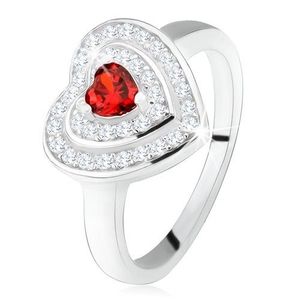Inel cu o inimă din zirconiu roşu, ştrasuri transparente - contururi de inimă, argint 925 - Marime inel: 50 imagine