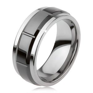 Inel din tungsten cu crestături, argintiu, suprafaţă neagră lucioasă - Marime inel: 49 imagine