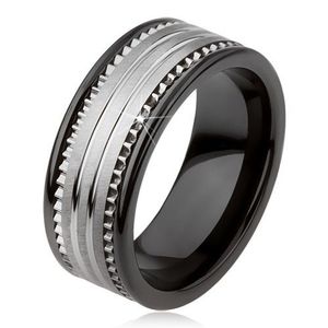 Inel din tungsten, ceramic, negru, cu suprafaţă argintie şi dungi - Marime inel: 49 imagine