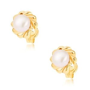 Cercei din aur 375 - floare strălucitoare multi petale cu perlă albă imagine
