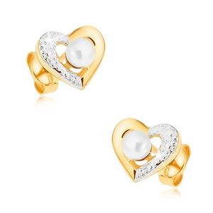 Cercei placaţi cu rodiu din aur 9K - contur de inimă în două culori, perlă albă imagine