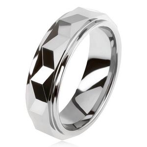 Inel din tungsten, argintiu, dungă convexă şlefuită geometric - Marime inel: 49 imagine