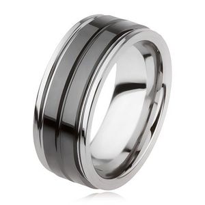Inel din tungsten cu suprafaţă neagră lucioasă şi crestătură, argintiu - Marime inel: 49 imagine