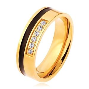 Inel din oţel, auriu cu negru, linie ornamentală cu zirconiu transparent - Marime inel: 54 imagine