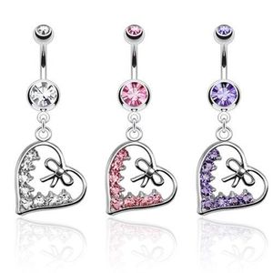 Piercing pentru buric realizat din oțel, contur inimă decorat cu fundiță și zirconii - Culoare zirconiu piercing: Roz - P imagine