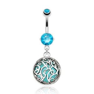 Piercing pentru buric din oțel, piatră turcoaz cu ornamente filigranate, zirconii imagine