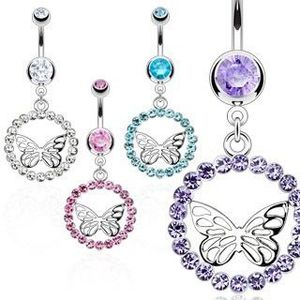 Piercing pentru buric realizat din oțel inoxidabil - inel din zirconiu, fluture de culoare argintie - Culoare zirconiu piercing: Albastru deschis - Q imagine