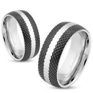 Inel din oțel cu suprafață neagră cu model cu zăbrele, fășie în culoare argintie, 6 mm - Marime inel: 49 imagine