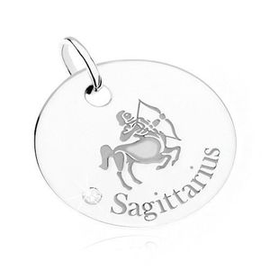 Pandantiv - plăcuță rotundă, semn zodiacal SĂGETĂTOR, stras transparent, argint 925 imagine