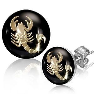 Cercei cu șurub din oțel, scorpion auriu pe un fond negru imagine