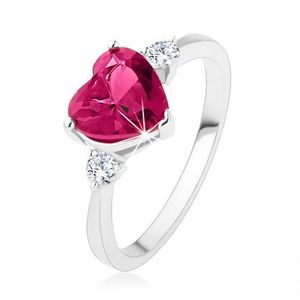 Inel de logodnă - inimă din zirconiu roz închis, două ştrasuri transparente, argint 925 - Marime inel: 49 imagine