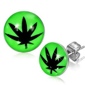 Cercei cu șurub din oțel, smalț, frunză neagră de marijuana, fond verde imagine