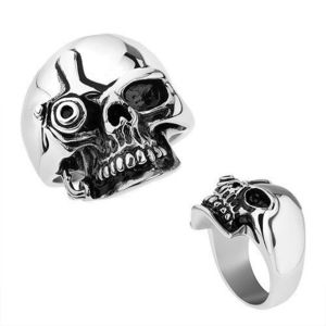Inel argintiu din oţel, craniu lucios, patinat, în stilul Terminator - Marime inel: 55 imagine