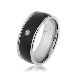 Inel lucios din oţel de culoare argintie, dungă neagră proeminentă cu zirconiu transparent - Marime inel: 57 imagine