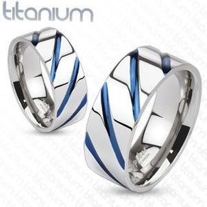 Inel din titaniu în nuanță argintie, luciu superior, striații albastre oblice - Marime inel: 49 imagine