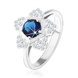 Inel de logodnă, argint 925, floare strălucitoare, zirconiu rotund albastru - Marime inel: 49 imagine