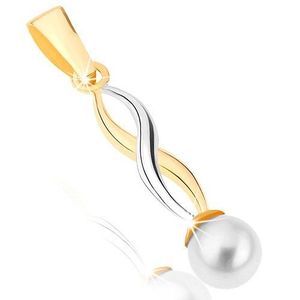 Pandantiv din aur 375 - valuri lucioase în două nuanțe, perlă albă rotundă imagine