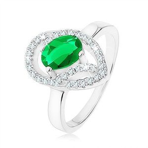 Inel din argint 925, zirconiu oval verde, picătură asimetrică - contur - Marime inel: 49 imagine