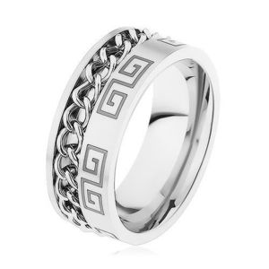 Inel din oţel argintiu, crestătură cu lanţ, cheie grecească - Marime inel: 57 imagine