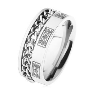 Inel din oțel cu lanț, culoare argintie, ornamente - Marime inel: 57 imagine