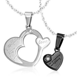 Pandantiv dublu pentru cuplu, oțel 316L - inimi argintiu cu negru, zirconii imagine