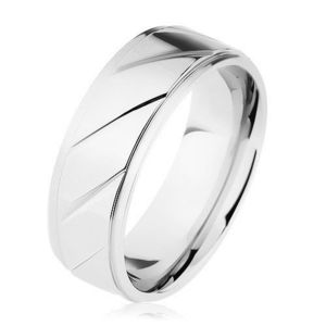 Inel din oţel 316L, fâșie proeminentă, caneluri diagonale, nuanță argintie - Marime inel: 54 imagine