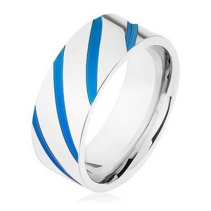 Bandă din oţel argintiu, dungi diagonale, smalț albastru - Marime inel: 57 imagine