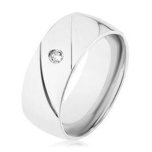 Inel din oțel 316L, argintiu, două caneluri diagonale, zirconiu transparent - Marime inel: 56 imagine